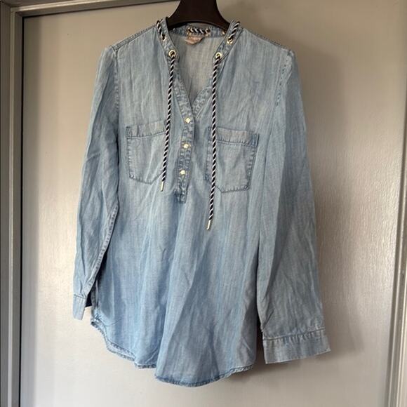 Chico's  sz 1 Small Women's Pullover Top Long Sleeves Snaps Nautical Tie Pockets - Picture 1 of 5